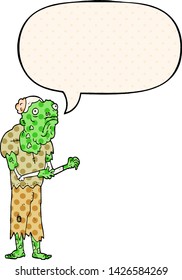 cartoon zombie with speech bubble in comic book style