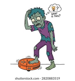Cartoon zombie standing on smart robotic floor cleaner looking puzzled with question bubble above head and lightbulb icon.