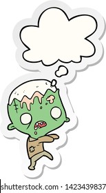 caricatura zombie con burbuja de pensamiento como pegatina impresa