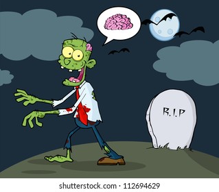 Cartoon Zombie Walking With Hands In Night