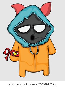 cartoon zombie wearing an orange hoodie and a red ribbon with an eye symbol tied to one hand