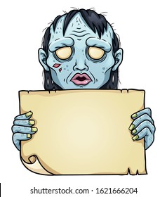 Cartoon zombie woman with sheet of paper in her heands