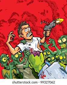 Cartoon of zombies attacking a man with a gun. Red background