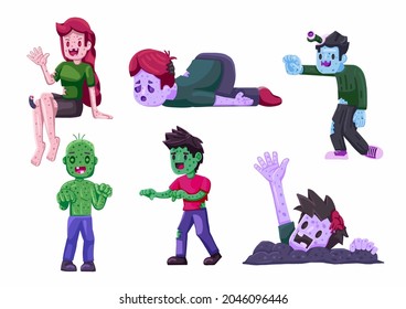 Cartoon Zombies Character Design Flat Style for Halloween.