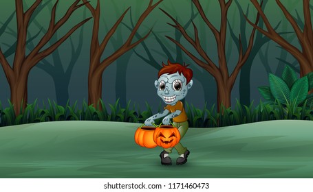 Cartoon zombies in the dead forest