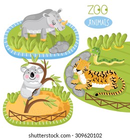 Cartoon zoo animals vector characters. Funny cartoon animals. Panda, tiger and rhinoceros. Each animal in nature.