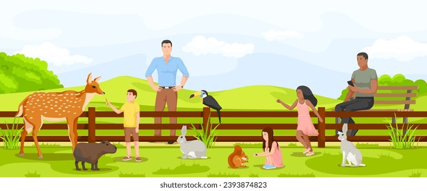 Cartoon zoo, brown deer, grey rabbit. Wild nature. Visitor play with cute mammal animal. Adults with children. Carrot on fence. Rural picturesque landscape. Vector illustration