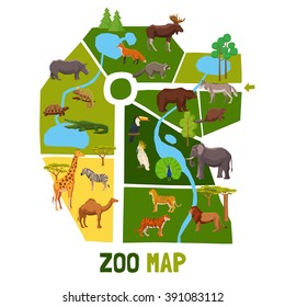 Cartoon Zoo Map With African Animals Tropical Birds And Inhabitants Of Taiga Flat Vector Illustration 