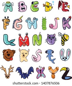 Cartoon zoo and monster alphabet. Animal alphabet. Letters from A to Z. Cartoon cute animals isolated on white background. Different letters. Monster, flamingo, bear, butterfly, cat and others
