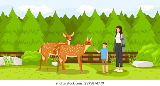 Cartoon zoo, national park, brown deer. Wild nature. Dense forest. Visitor play with cute mammal animal. Adult with children. Brown fence. Rural picturesque landscape. Vector illustration