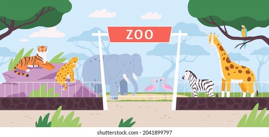 Cartoon zoo park entrance gate with savannah and jungle animals. Flat safari landscape with zebra, african elephant and giraffe vector scene. Outdoor summer nature with wildlife fauna