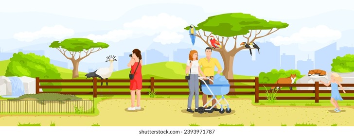 Cartoon zoo park panorama. Wild nature, savannah inhabitants. Safari vacation, African landscape. Summer recreation, sightseeing. Parrot, fox. Woman taking picture. Vector illustration