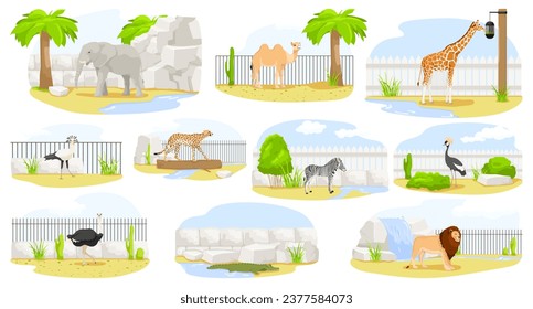 Cartoon zoo safari enclosure. Set of elephant, camel, giraffe, cheetah, zebra, ostrich, crocodile, lion. Picturesque landscape, small pond and stream. Wild environment nature. Vector illustration