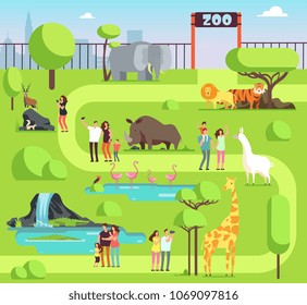 Cartoon zoo with visitors and safari animals. Happy families with kids in zoological park vector illustration. Family with kids in zoo, giraffe and elephant