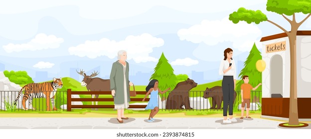 Cartoon zoo, wildlife animals, green nature. Cute bear, tiger character. Summer season. Grandmother with granddaughter, mother with son are staying in queue for tickets. Vector illustration