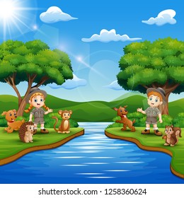 Cartoon of Zookeeper boy and girl with animal by the river