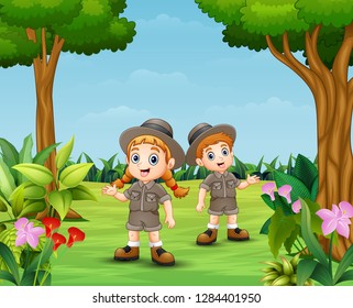 Cartoon Of Zookeeper Boy And Girl In The Garden