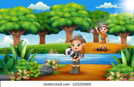 Cartoon of Zookeeper boy and girl with panda in the jungle