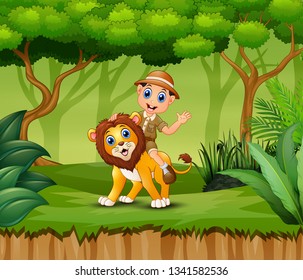 Cartoon Zookeeper boy and a lion in jungle
