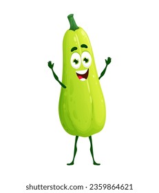 Cartoon zucchini keto dieta carácter de comida. Vegetación aislada de vegetación peculiar que representa la elección de comida keto. Personaje nutritivo fresco con la cara sonriente saludando las manos, añade un giro divertido a la comida saludable