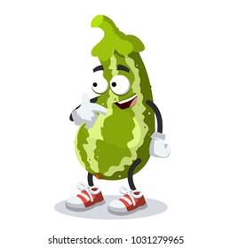 cartoon zucchini mascot showing himself on a white background