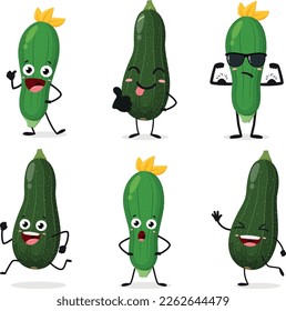 Cartoon zucchini squash vegetable character set