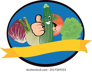 Cartoon zucchini winking and giving thumbs up surrounded by vegetables, with a blank yellow banner for your message