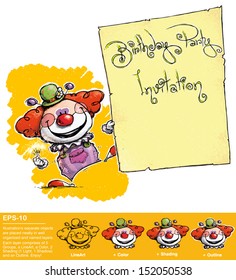 Cartoon/Artistic illustration of a Clown a Birthday Party Invitation