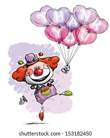 Cartoon/Artistic illustration of a Clown with Heart Balloons Saying Thank You