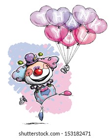 Cartoon/Artistic illustration of a Clown with Heart Balloons Saying Thank You