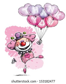 Cartoon/Artistic illustration of a Clown with Heart Balloons Saying Thank You -  Girl Colors