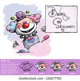 Cartoon/Artistic illustration of a Clown Holding a Baby Shower Card