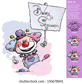 Cartoon/Artistic illustration of a Clown Holding a Baby Shower Placard