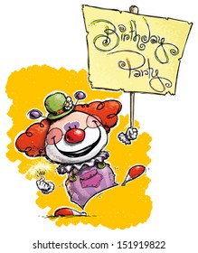 Cartoon/Artistic illustration of a Clown Holding a Birthday Party Placard