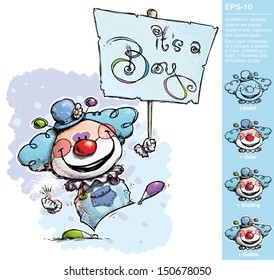 Cartoon/Artistic illustration of a Clown Holding an It's a Boy Placard