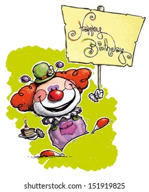 Cartoon/Artistic illustration of a Clown Holding a Happy Birthday Placard