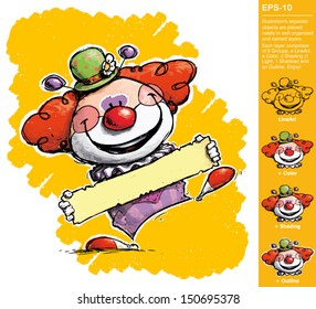 Cartoon/Artistic illustration of a Clown Holding a Label