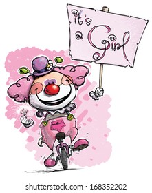 Cartoon-Artistic illustration of a Clown on Unicycle Holding an It's a Girl Placard