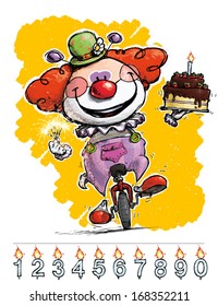 Cartoon-Artistic illustration of a Clown on Unicycle Carrying a Birthday Cake