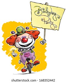 Cartoon-Artistic illustration of a Clown on Unicycle Holding a Birthday Party Placard