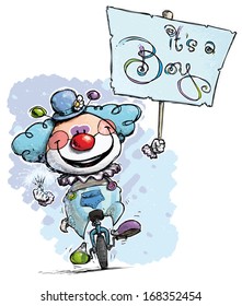 Cartoon-Artistic illustration of a Clown on Unicycle Holding an It's a Boy Placard
