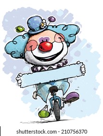 Cartoon-Artistic illustration of a Clown on Unicycle Holding a Label - Boy Colors