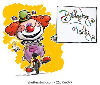 Cartoon-Artistic illustration of a Clown on Unicycle Holding a Birthday Party Card