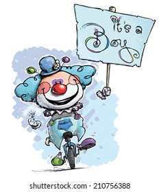 Cartoon-Artistic illustration of a Clown on Unicycle Holding an It's a Boy Placard
