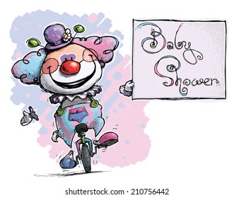 Cartoon-Artistic illustration of a Clown on Unicycle Holding a Baby Shower Card