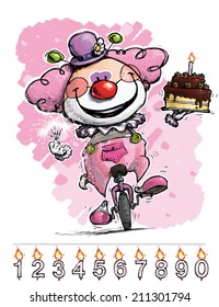 Cartoon-Artistic illustration of a Clown on Unicycle Carrying a Girl's Birthday Cake