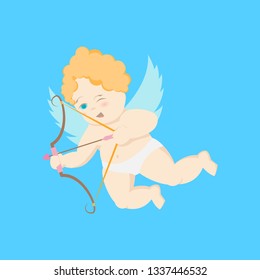 CartoonCharacter Cupid on a Blue Love Angel with Arrow Concept Element Flat Design Style. Vector illustration