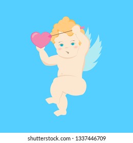 CartoonCharacter Cupid on a Blue Love Angel with Arrow and Heart Concept Element Flat Design Style. Vector illustration