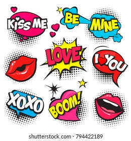 Cartoon,Comic Speech Bubbles, Love Dialog Clouds with Halftone Dot Background in Pop Art Style for Valentine Day. Love Vector Illustration for Comics Book, Social Media Banners, Promotional Material