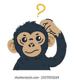 Cartoon-curious chimpanzee drawn in flat art style. Vector illustration is isolated and easy for kid's designs, playful jungle themes, and creative projects.